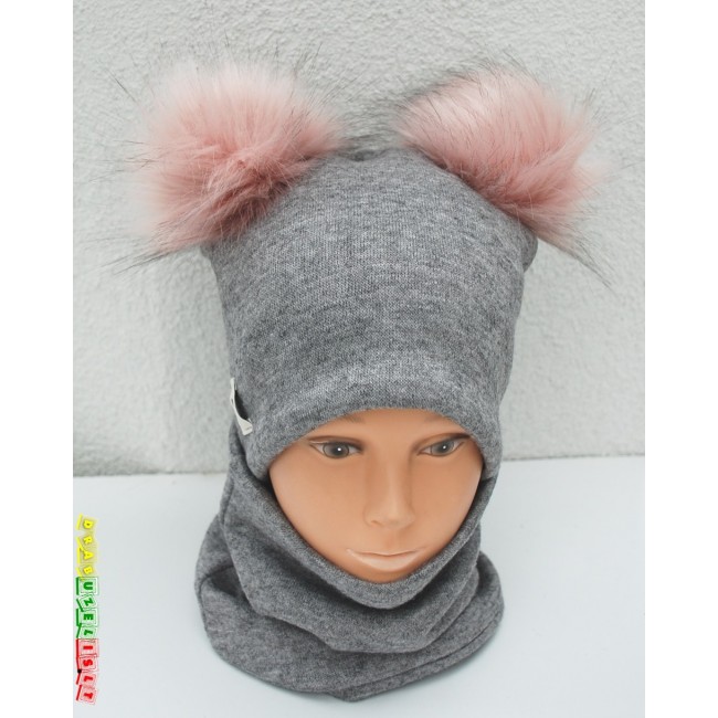 Kepurė su mova vaikui rudeniui/žiemai "Pilka su rožiniais bumbulais", 993