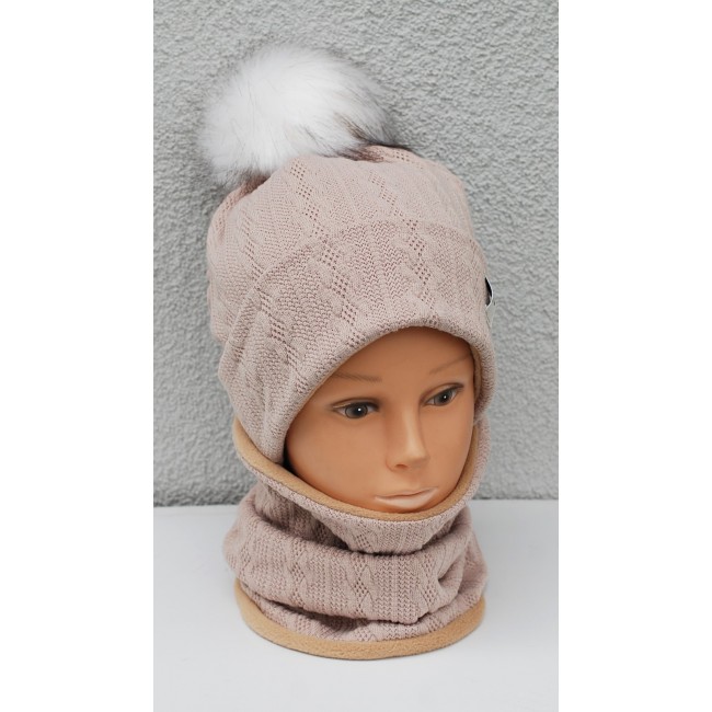 Kepurė su mova mergaitei žiemai/rudeniui "Kreminė pastelinė", 637
