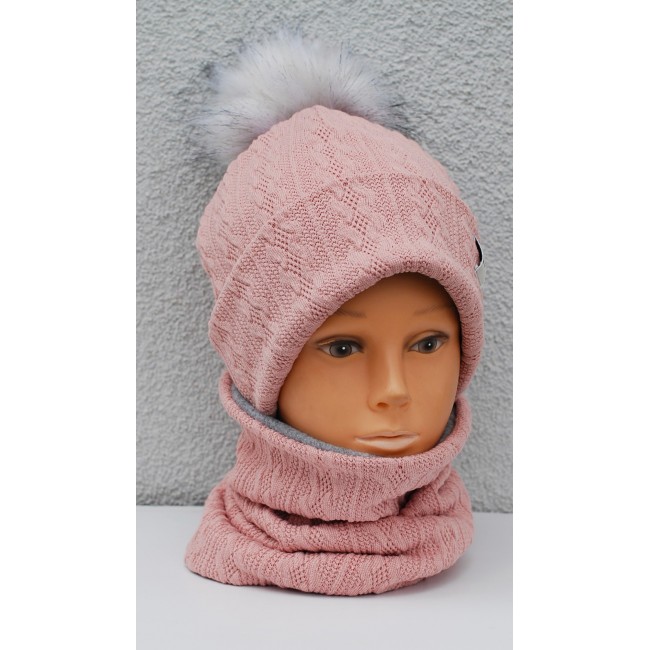 Kepurė su mova mergaitei žiemai/rudeniui "Rožinė pastelinė", 976