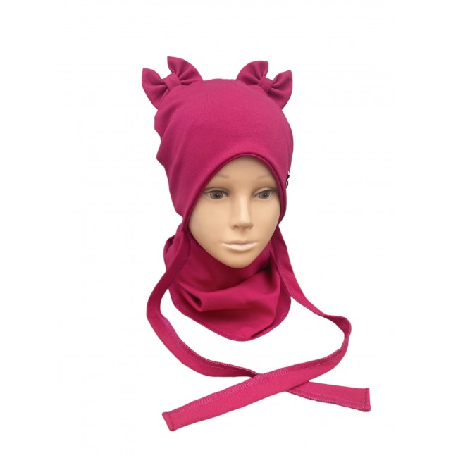 Kepurė su raišteliais ir kaklaskare pavasariui/rudeniui "Rožiniai kaspinėliai", 238