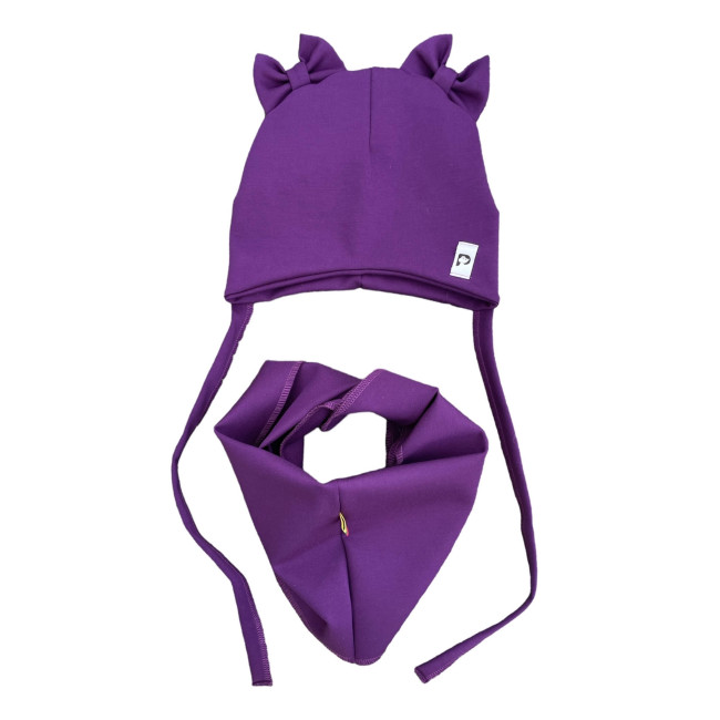 Kepurė su raišteliais ir kaklaskare pavasariui/rudeniui "Violetiniai kaspinėliai", 235