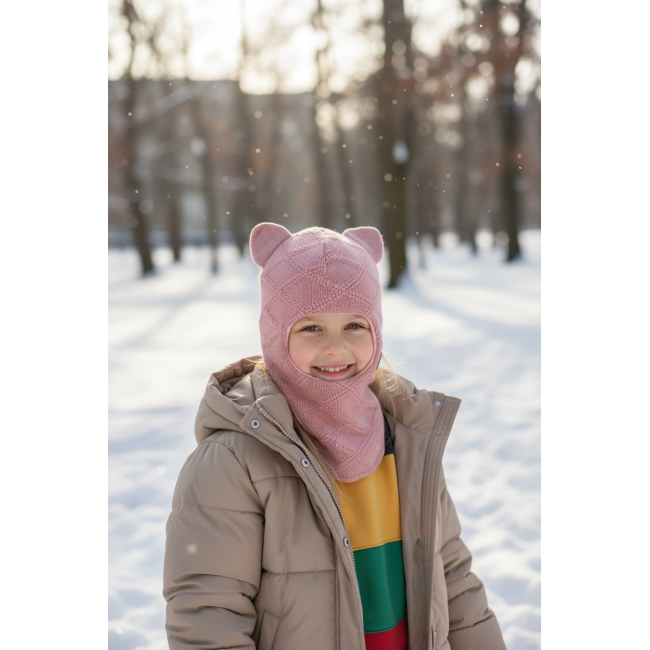 Merino vilnos šalmukas mergaitei "Pastelinė katytė", 329 Merino vilnos šalmukas mergaitei "Pastelinė katytė", 329